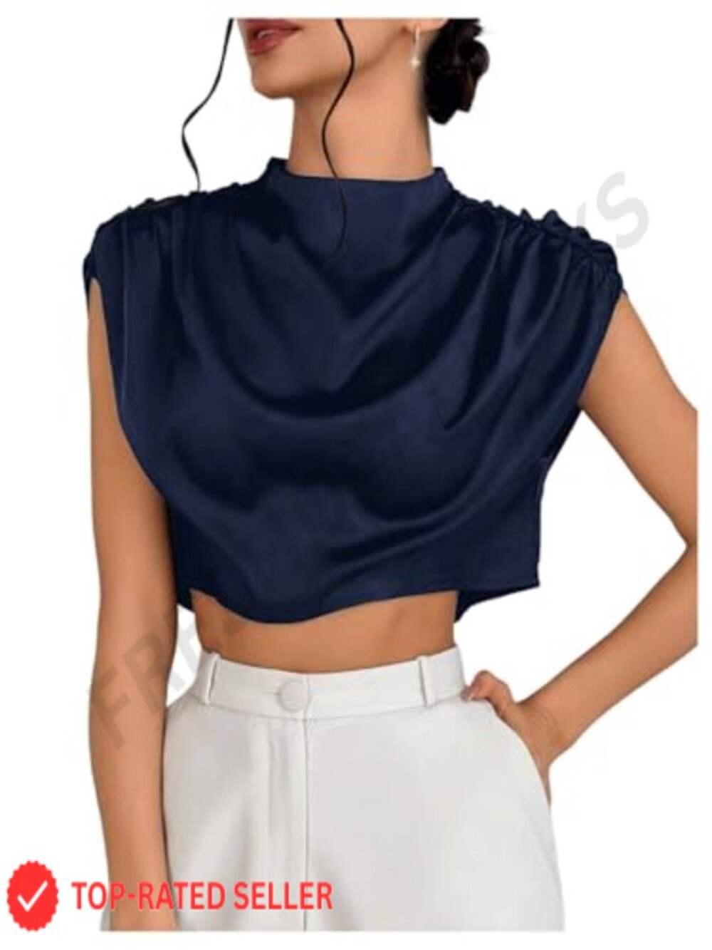 Women's Satin Work Blouse Ruched Cap Sleeve Business Top